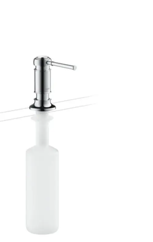 Spülmittel- oder Lotionenspender mit einem chromierten Auslauf und Hebel, montiert auf einer Glasoberfläche. Entwurf von AXOR.